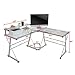 mecor L-Shaped Corner Computer Desk with Shelf, Glass Laptop Home Office Furniture, Glass & Metal, Clear
