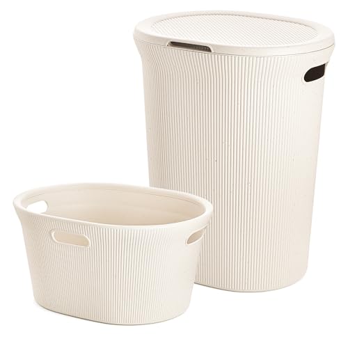 Image of Superio Ribbed Collection - Eco-Friendy Laundry Basket & Laundry Hamper with Lid and Cut-Out Handles, (Set of 2) Organizer for Bedroom Bathroom College Dorm Room