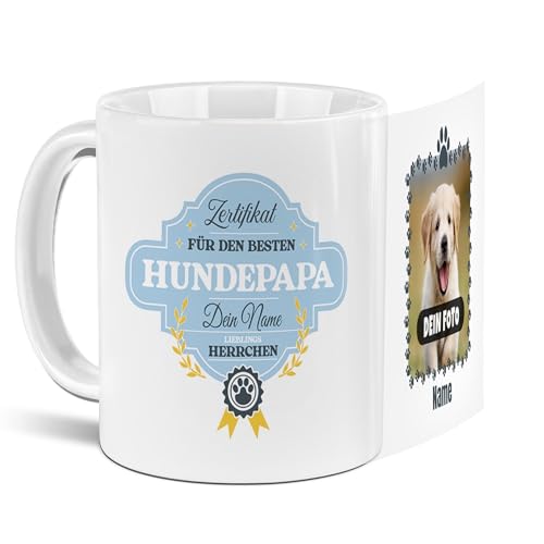 PfotenSchild Hunde-Tasse mit Foto und 2 Namen Zertifikat - Bester Hundepapa - Geschenk für Hundebesitzer zum Geburtstag | Personalisiertes Geschenk, 300 ml