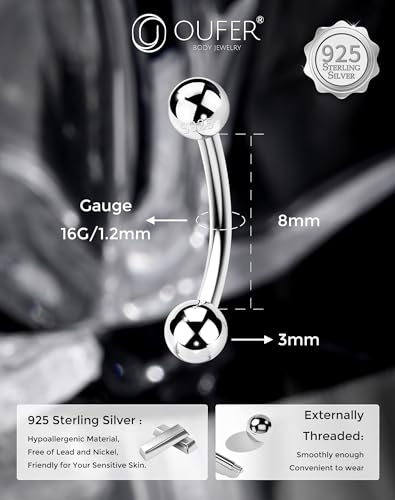 OUFER 925 Sterling Silver Rook Piercing Jewelry, Eyebrow Piercing Jewelry, Vertical Labret Lip Jewelry, 16G Curved Barbells, Eyebrow Rings, Daith Rook Earrings for Women Men-8mm4