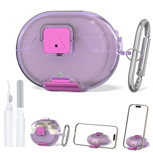 Compatible for Beats Studio Buds Plus Case Cover with Secure Lock & Phone Stand Shockpoof Protection Clear Case for Beats Studio Buds Buds + Earbuds with Cleaner Kit/Keychain (Clear Purple)