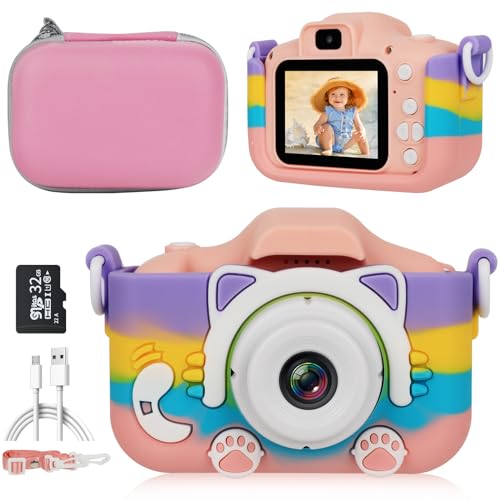 Kids Camera Digital Camera for 3-12 Year Old Girls, 1080P HD Video Camera for Kids with 32GB SD Card/2.0 Inch IPS Screen, 26MP Dual Lens Camera with Silicone Case, Birthday Christmas Toy Gifts Girls
