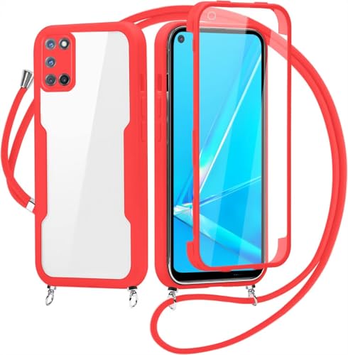 Cover per Oppo A52/A72/Oppo A92 4G con Cordino, 360 Gradi Antiurto Custodia con Protezione Schermo Integrata Trasparente Rugged TPU Bumper Doppia Protettiva Cover per Oppo A52/A72/Oppo A92 4G -Rosso
