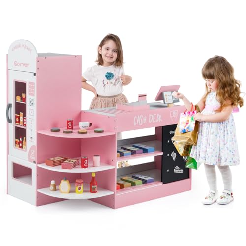 HOMASIS Tienda Infantil de comestibles, Tienda de Madera con mostrador Lateral, Juego de supermercado con Caja registradora, TPV, Máquina expendedora, para niños de 3 a 8 años (Rosa, 89x57x88 cm)