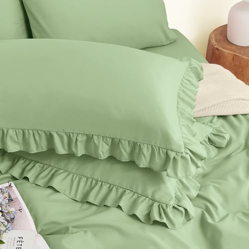 Horbaunal 2 Pack Light Green Ruffle Pillowcases Queen Size, 20" x 30" Ruffle Pillow Covers Ultra Soft Microfiber Ruffled Fringe Pillow Shams, Shabby Chic Pillow Cases
