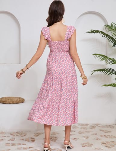 Image of KOJOOIN Womens Maternity Dress Summer Sleeveless Smocked Square Neck Ruffle Casual Boho Midi Dress Baby Shower Photoshoot
