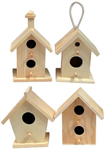 ® Mini casa para pájaros de 4 pulgadas de alto, juego de 4 estilos, pequeña madera sin terminar lista para pintar o decorar 8