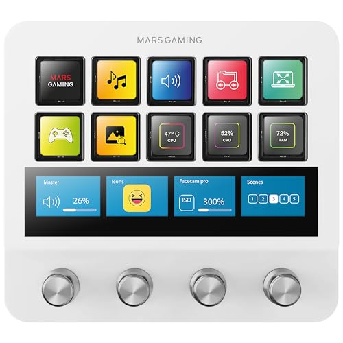 Mars Gaming MSD-Pro, Control Deck, 10 Touches LCD et 4 Boutons Personnalisables, Écran Tactile Étendu Animé, Base Réglable ; Logiciel de Contrôle, Hub USB avec 2X USB 3.0 + 1x USB-C, Blanc