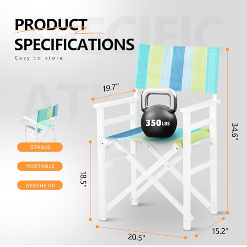 Bonnlo Folding Camping Chair Set of 2 with Sturdy Wooden Frame & Beige Canvas for Outdoor, Patio, Indoor Use, Durable Portable Director\'s Chair, Green and Blue Strip