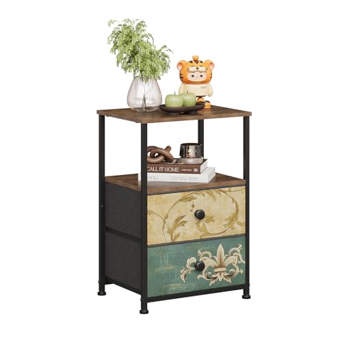 VEDECASA Cómoda con 2 cajones con estantes abiertos, mesita de noche para dormitorio, mesita de noche vintage, armario de almacenamiento para sala de estar, sofá, armario, tablero de madera, fácil de