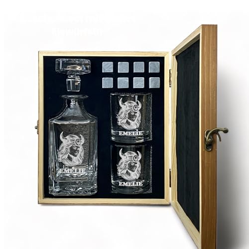Whisky Set mit Gravur Wikinger personalisiert Karaffe 700 ml und Gläser verschiedene Motive Walhalla Thor Schiff Geschenkbox (Motiv 4: Wikingerfrau, Karaffe + 4 Gläser)