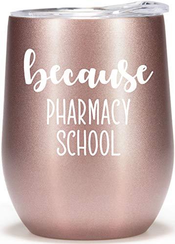 Pharmacy School Gifts - Funny Pharmacy Student Gifts - 12oz Tumbler Cup Wine Glass Pharm School Acceptance Gift for Women Future Pharmacy Tech, PharmD Graduation Rose Gold Coffee Mug