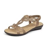 VJH confort Women's Flat Sandals, Rhinestone Open Toe Elastic Strap Slip On Sandals, Comfortable Walking Dress Flats for Casual Wedding Party(Bronze 8)