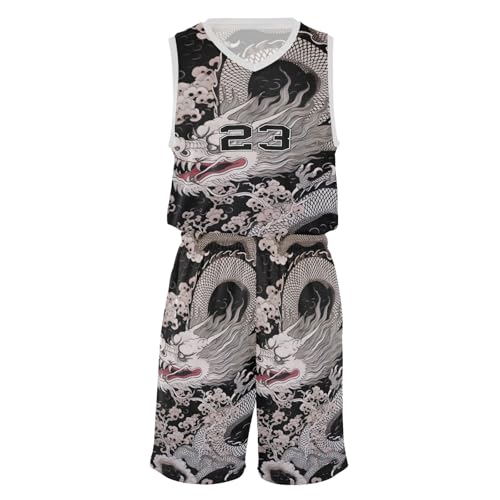 FLildon Chinese Dragon Boys Basketball Jersey Set Tank Top Shorts Tracksuit Sport Training Suit for Kids, XXL