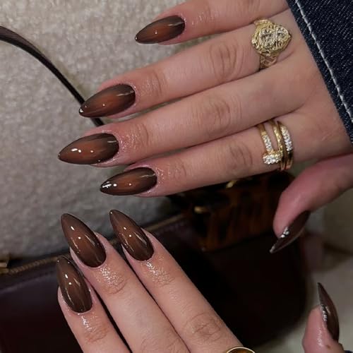 Teilihai Solid Color Brown Press on Nails Almond Dark Brown Short Fake Nails with Designs Reusable Acrylic False Nails Full Cover Acrylic Glossy Medium Almond Stick on Nails for Women 24Pcs