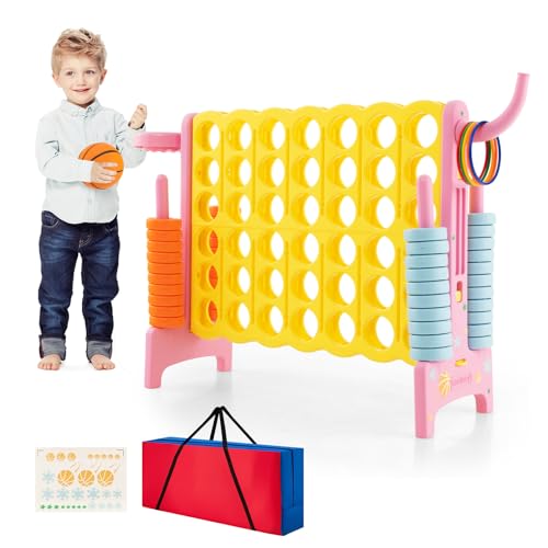 COSTWAY Jumbo 4-to-Score Giant Game Set with Carrying Bag, 2.5Ft Indoor Outdoor Game Set with Basketball Hoop, Ring Game, 42 Jumbo Rings, Quick-Release Slider, for Kids & Adults(Yellow)