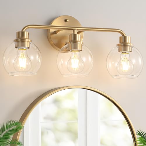 Watyo Bathroom Light Fixtures Gold Vanity Light 3 Light Wall Sconces Lighting Brushed Brass Lights with Clear Globe Glass Shades Bath Wall Lamp for Mirror Kitchen Living Room Bedroom Hallway