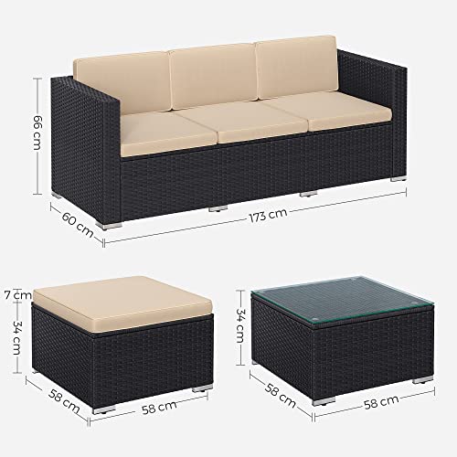 SONGMICS Garden Furniture Set, PE Rattan Patio Furniture Set, Outdoor Corner Sofa Couch, Handwoven Rattan Patio Conversation Set, with Cushions and Glass Table, Black and Taupe GGF005B05