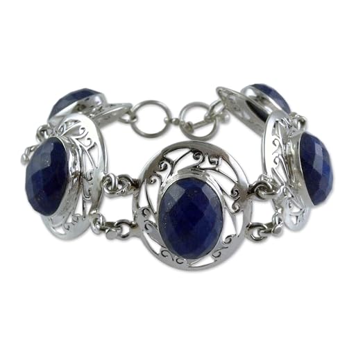 NOVICA Artisan Handmade Lapis Lazuli Link Bracelet Women's Sterling Silver Jewelry Blue India Royal Bright Cobalt Birthstone [7.5 in min L x 7.75 in max L x 1.2 in W] ' Seductive Blue'