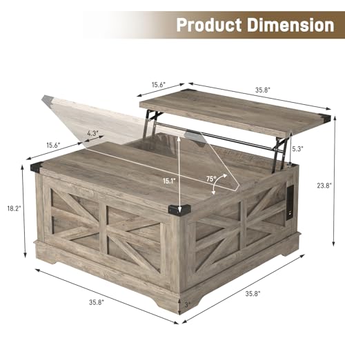 36-Farmhouse-Movable-Lift-Top-Coffee-Table-with-Storage-and-Power-Outlets-Square-Wood-Living-Room-Tables-with-WheelsLarge-Hidden-Space-Lift-Wooden-Barn-Door-Center-Table-Grey 36 Farmhouse Movable Lift Top Coffee Table with Storage and Power Outlets Square Wood Living Room Tables with WheelsLarge Hidden Space Lift Wooden Barn Door Center Table Grey