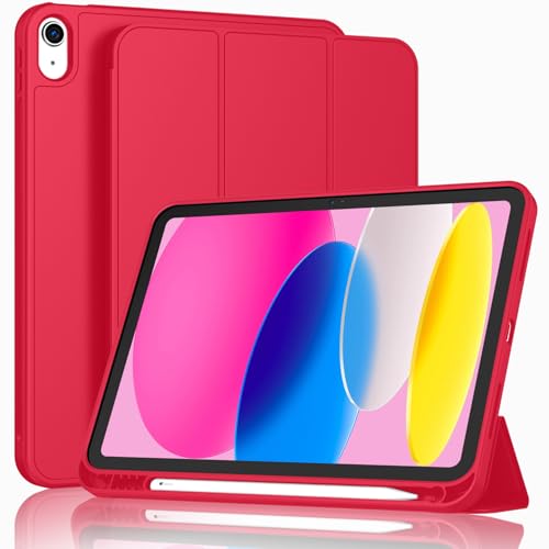 ToaPoia Case for iPad (A16) 11 Inch 2025/iPad 10th Generation 10.9 Inch 2022, Slim Trifold Stand Protective Cover with Pencil Holder and Soft TPU Back,Support Auto Sleep/Wake (Red)