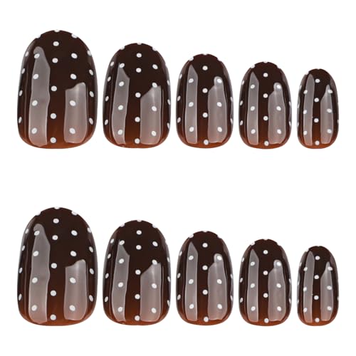 Image of Polka Dots Press on Nails Dark Brown Fake Nails Fall Nail Press ons Short Almond False Nail with Design Reusable Artificial Acrylic Glossy Full Cover Glue on Nails for Women Girls Manicure 24Pcs