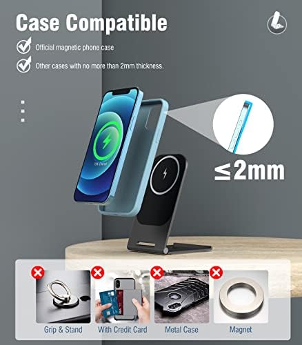 Moko Armor Foldable Magnetic Wireless Charger Stand Aluminum Alloy, Compatible with iPhone 14/13/12 Pro/Pro Max/Mini Fast Charging Station Dock Wireless Magsafe Desk Charger Holder, Black