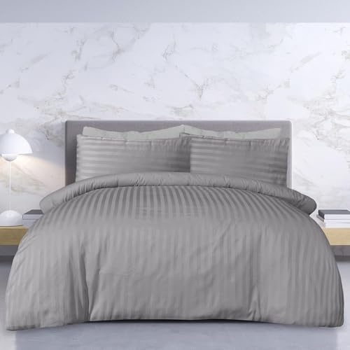 Sleepdown Satin Stripe Duvet Cover and Pillowcase Set Grey Double | Hotel Quality 250 Thread Count Premium Polycotton Bedding | Super Soft, Easy Care & Breathable Bed Linen