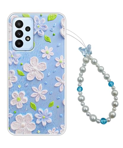 Image of COBERTA Printed Back Cover for Samsung Galaxy A23 Back Cover Case with Phone Charm Chain Strap Beads & Pearls for Girls Stylish - Blue Floral Butterfly Trending Charms - D16910