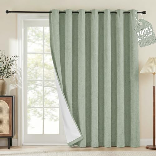 NICETOWN 100% Blackout Linen Sliding Door Curtains with White Liner Composite, Grommet Extra Wide Window Treatments Room Divider Drapes for Bedroom/Living Room, Sage Green, W100 x L84, 1 Panel