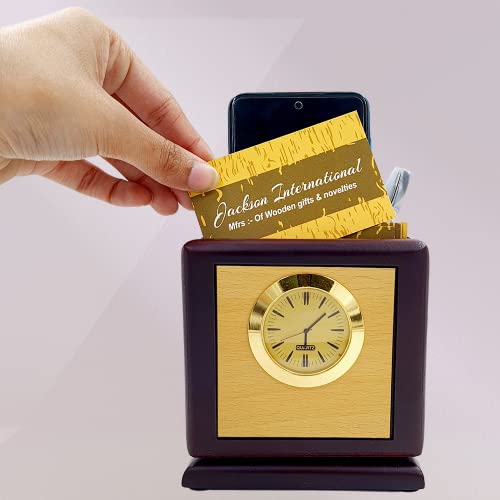 Image of Revolving Stylish Pen Stand for Office Table with Clock, Wooden Pen Holder with Mobile Holder, Wooden Desk Organizer, Office Pen Stand with Compartment, Office Table Accessories Office Gift Item
