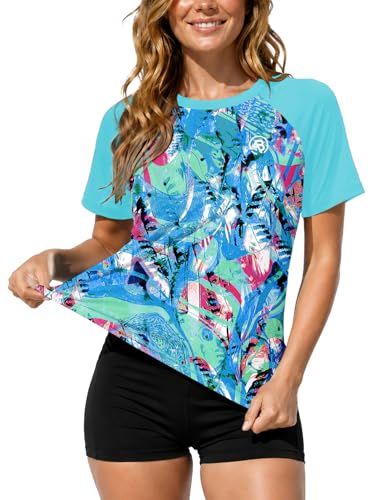 Image of AOBUTE Women Short Sleeve Rash Guard UPF 50+ Tropical Sun Protection Floral Swim Shirts