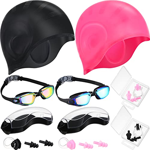 2 Pcs Swim Cap Cover Ear Silicone Swimming Cap Earmuff, 2 Pairs Swim Goggle No Leaking Swimming Goggle, 2 Set Silicone Nose Clip Waterproof Swimming Nose Plug Earplug Ear Nose Protector for Women Men