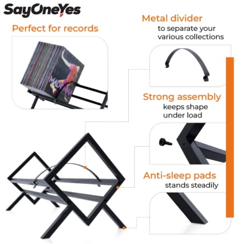 SAYONEYES Vinyl Record Storage Rack – Matte Black LP Organizer for 100 Albums | Heavy-Duty Metal Single Tier Stand | Easy Assembly | Multiuse Shelf for Books, Magazines & Turntable Gear - Thumbnail 5