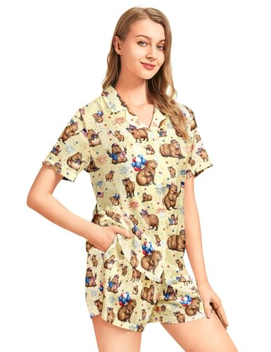 Image of Women's Pajama Sets Funny Pajamas for Women Set Comfortable 2 Piece Button Down Tops & Shorts Sleepwear Short Sleeve