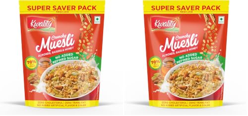 Image of Kwality Crunchy Muesli Almonds, Raisins and Honey - No Added Refined Sugar, No Added Artificial Flavor and Color, Super Saver Pack 700g [Pack of 2]