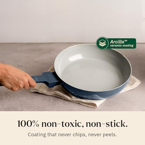 Image of Ember Cookware Arcilla Ceramic Frying Pan 24 cm | 5-Year Warranty | 75% Less Oil Usage | Lightweight, Non-Toxic Non-Stick Ceramic Frypan | Matching Handle- Gas Compatible | ISI Certified | Blue
