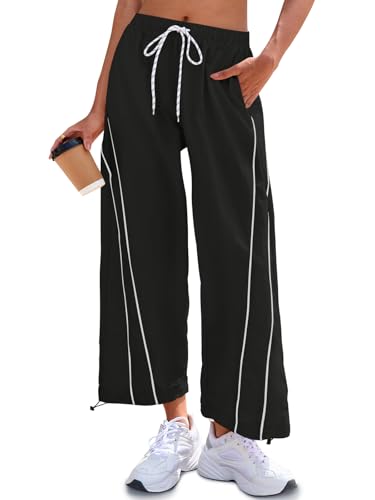 Fisoew Womens Baggy Wide Leg Pants Casual Elastic Waist Drawstring Hiking Workout Cropped Track Pants with Pockets Black