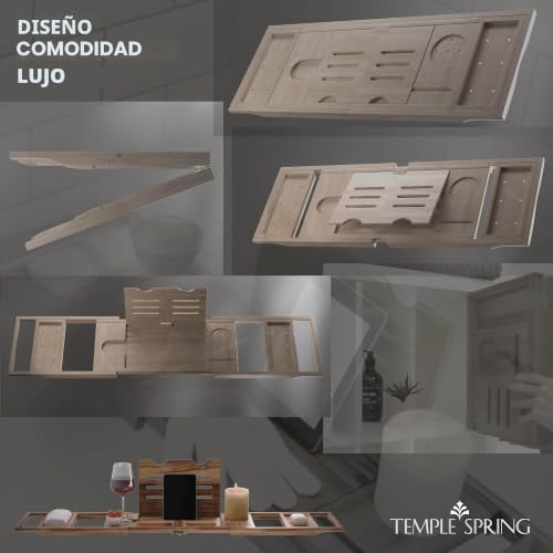 Miniatura 9 de Temple Spring Diseño Único Estante Baño, Acacia Bandeja Baño Plegable, Bandeja Bañera Extensible, Accesorios Bañera - No Teca