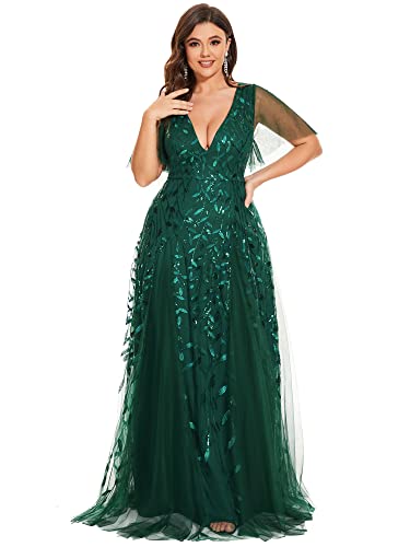 Image of Ever-Pretty Women's Sequin V Neck Plus Size Formal Dresses Evening Gown | Short Sleeve, A-Line, Empire Waist, Plus Size Mother of the Bride Dresses, Plus Size Gala Dress