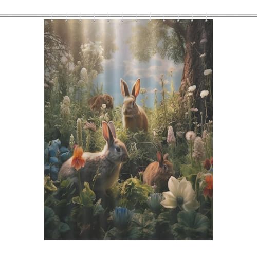 Rideau de douche lapin imperméable en tissu polyester lavable - 7