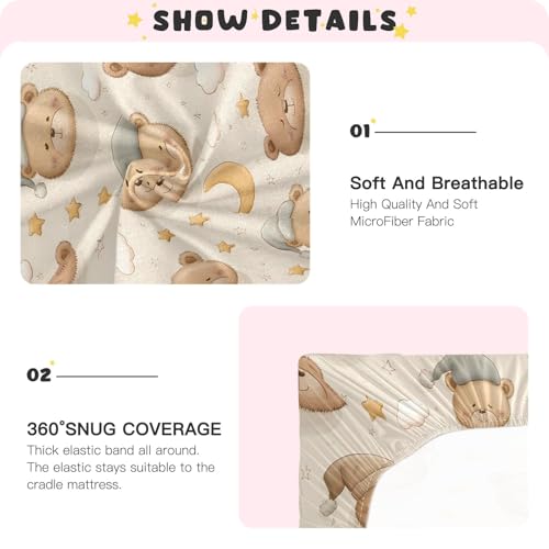 Image of Cartoon Bear Head Pattern Crib Sheets Stretchy Portable Sheets for Baby Toddler Breathable Soft Crib Mattress Sheet for Girls Boys