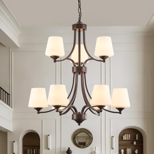 Image of 2 Tier Oil Rubbed Bronze Chandeliers 9 Light Large Modern Farmhouse Chandeliers for Dining Room Lights Fixture with Frosted Glass 47 inch Retro Chandeliers for Living Room Staircase, Height Adjustable