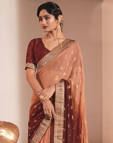 Image of SIRIL Women's Lace & Foil Printed Georgette Saree with Unstitched Blouse Piece(2826S474 Maroon, Peach)