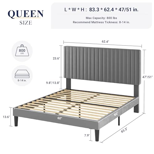 image for Allewie Queen Bed Frame, Velvet Upholstered Platform Bed with Adjustab