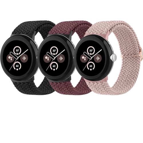 Amzpas 3 Stück Geflochtenes Armband für Google Pixel Watch 3 41mm / 2/1 für Damen Herren Elastisches Nylon Weiche Armbänder Atmungsaktive Sport Ersatzarmband (Schwarz/Rosa/Weinrot)