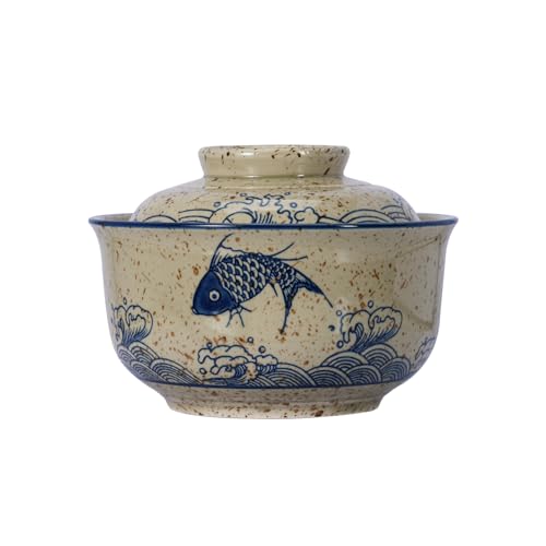 LLPUSLUO 8 inch Retro Ceramic Ramen Bowl with Lid,Japanese Style Personalized Dinnerware For Noodle Rice Porridge Soup Fruit Salad (8inch, A)