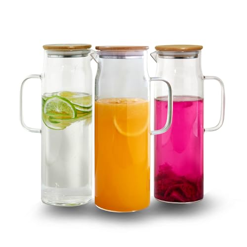 50oz Glass Pitcher with Lid, Glass Water Carafe with Handle, Fridge Water Jug Cold or Hot Beverages, Iced Tea, Milk, Juice (set of 3) by TAAMOG - Used condition - US$28.25
