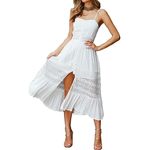 Anaike Vestido midi de tirantes de espagueti para mujer, sin mangas, con lazo, sin mangas, de encaje, para verano, playa, vestido de verano, blanco, S Cover