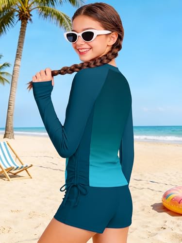 Image of Girls Rash Guard Swimsuit Long Sleeve Swim Shirt with Pockets UPF 50+ 7-16Y